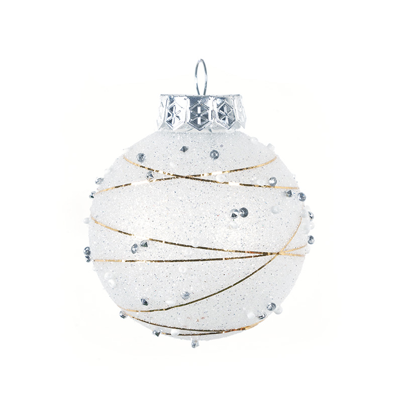 Silver-White Frosted Fine Glitter Christmas Ball Pendant With Gold Line Diamond